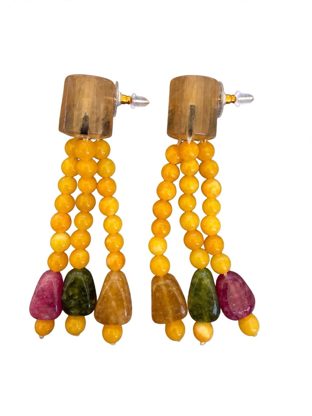 NEW Boho-Luxe Natural Amber & Gemstone Statement Earrings For Women E070